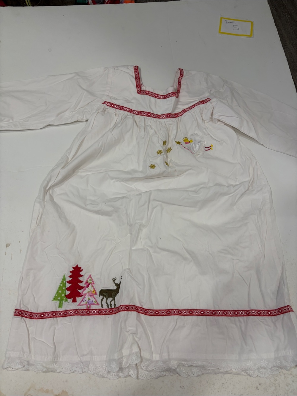 Girls White Holiday dress with Red Trim and Festive Appliqués